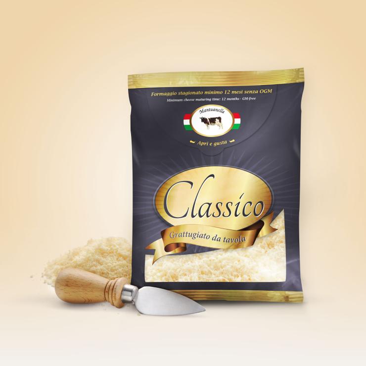 Il packaging del formaggio grattugiato da tavola di Caseificio Levante realizzato dall'agenzia di pubblicità copiaincolla