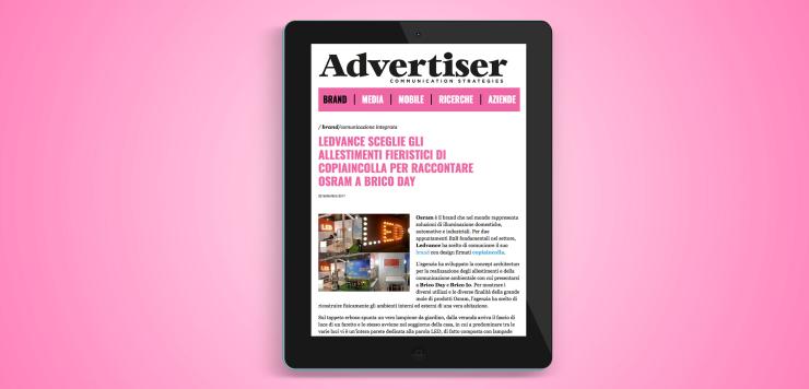 Un estratto dell'articolo di Advertiser che parla degli allestimenti dell'agenzia copiaincolla per l'illuminazione Ledvance Osram